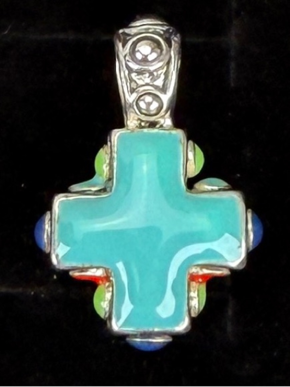 Vintage Faux Turquoise Blue Silvertone Cross Pendant - Picture 1 of 8